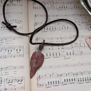 Leather Cord Necklace with Copper Leaf Pendant